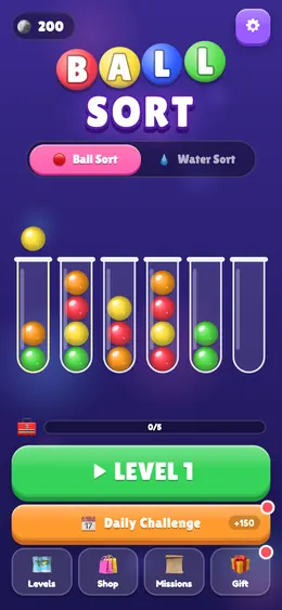 Ball Sort HTML5 game home screen