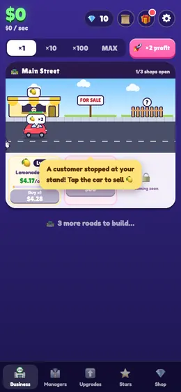 Idle Tycoon HTML5 game home screen