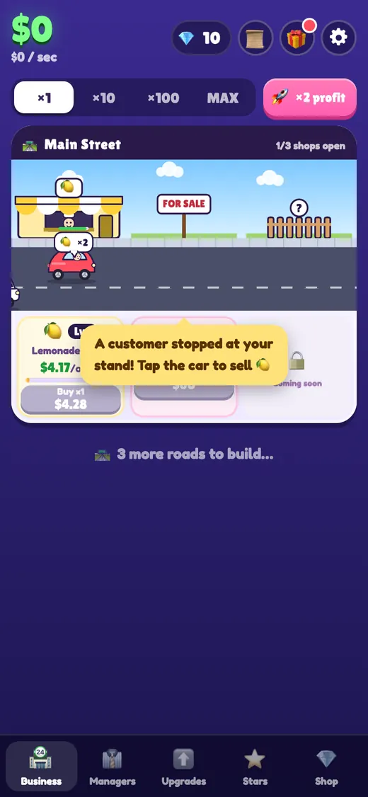 Idle Tycoon HTML5 game running on a phone